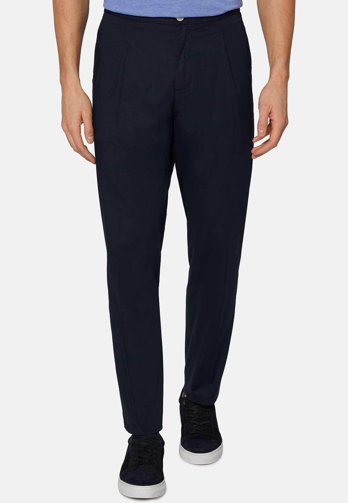 Stretch Cotton Pinces Trousers, Navy blue, hi-res