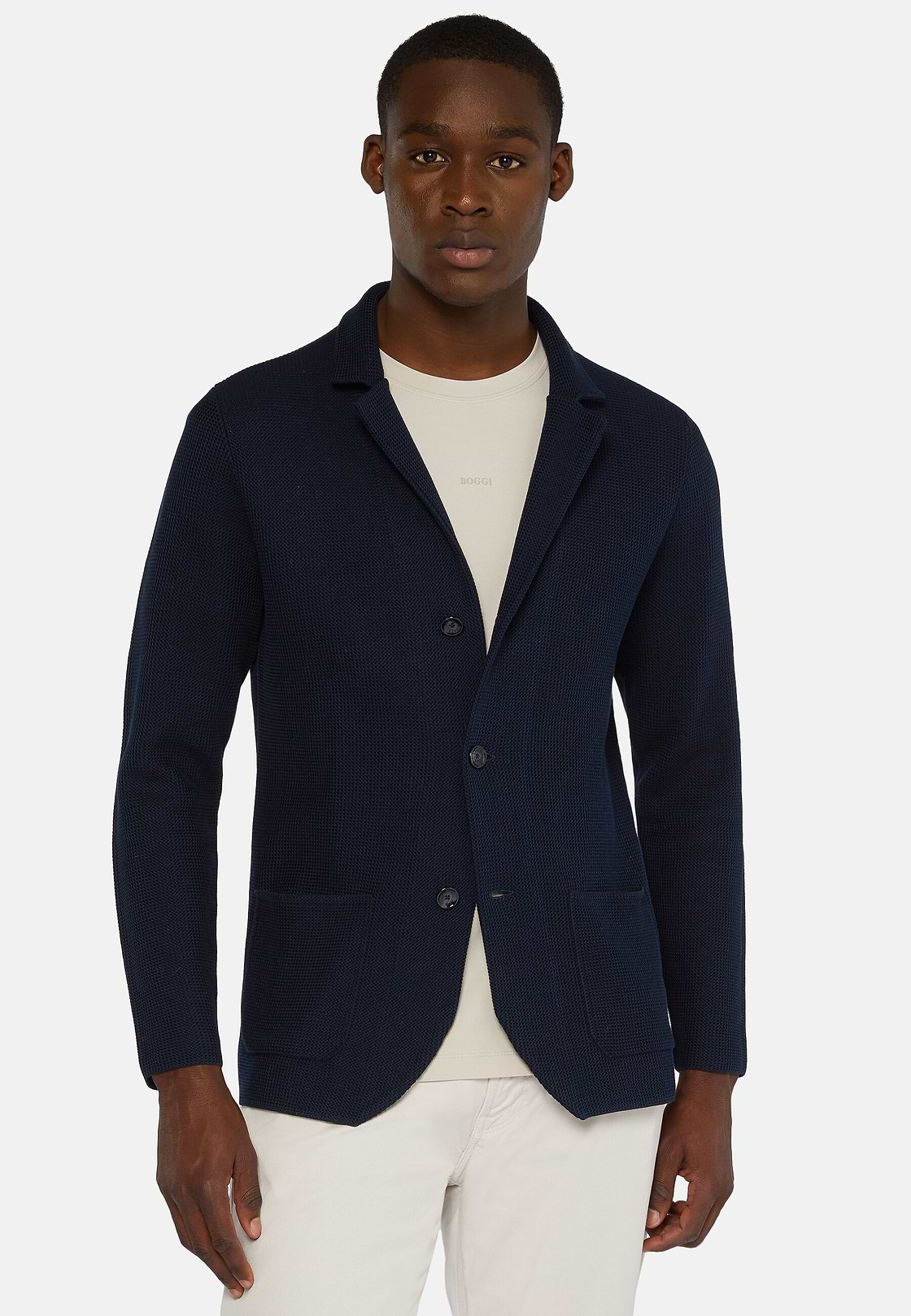 Donkerblauwe crêpe katoenen gebreide blazer met één rij knopen, Navy blue, hi-res