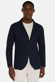 Donkerblauwe crêpe katoenen gebreide blazer met één rij knopen, Navy blue, hi-res