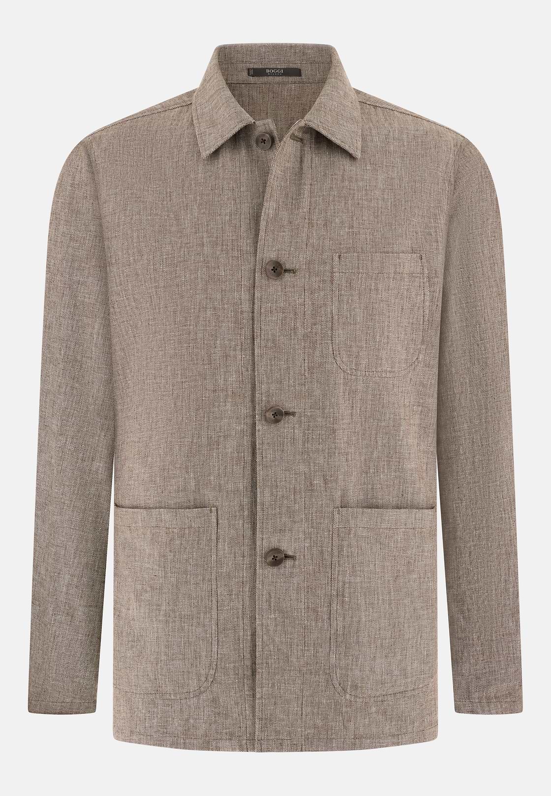 Men's Micro Fancy Cotton Linen Shirt Jacket, Brown | Boggi Milano