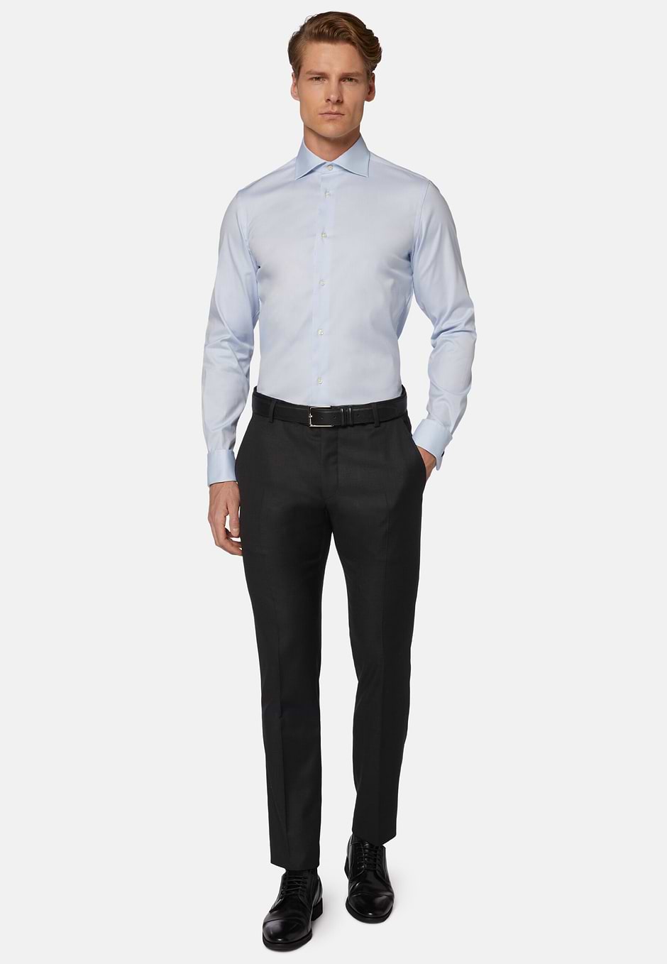 Blue pin point cotton slim fit shirt, Light blue, hi-res