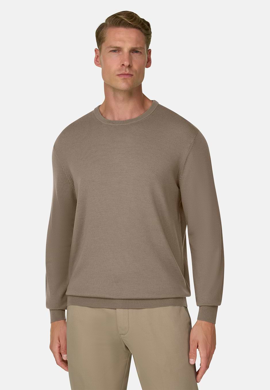Crew Neck Jumper in Merino Wool, Taupe, hi-res