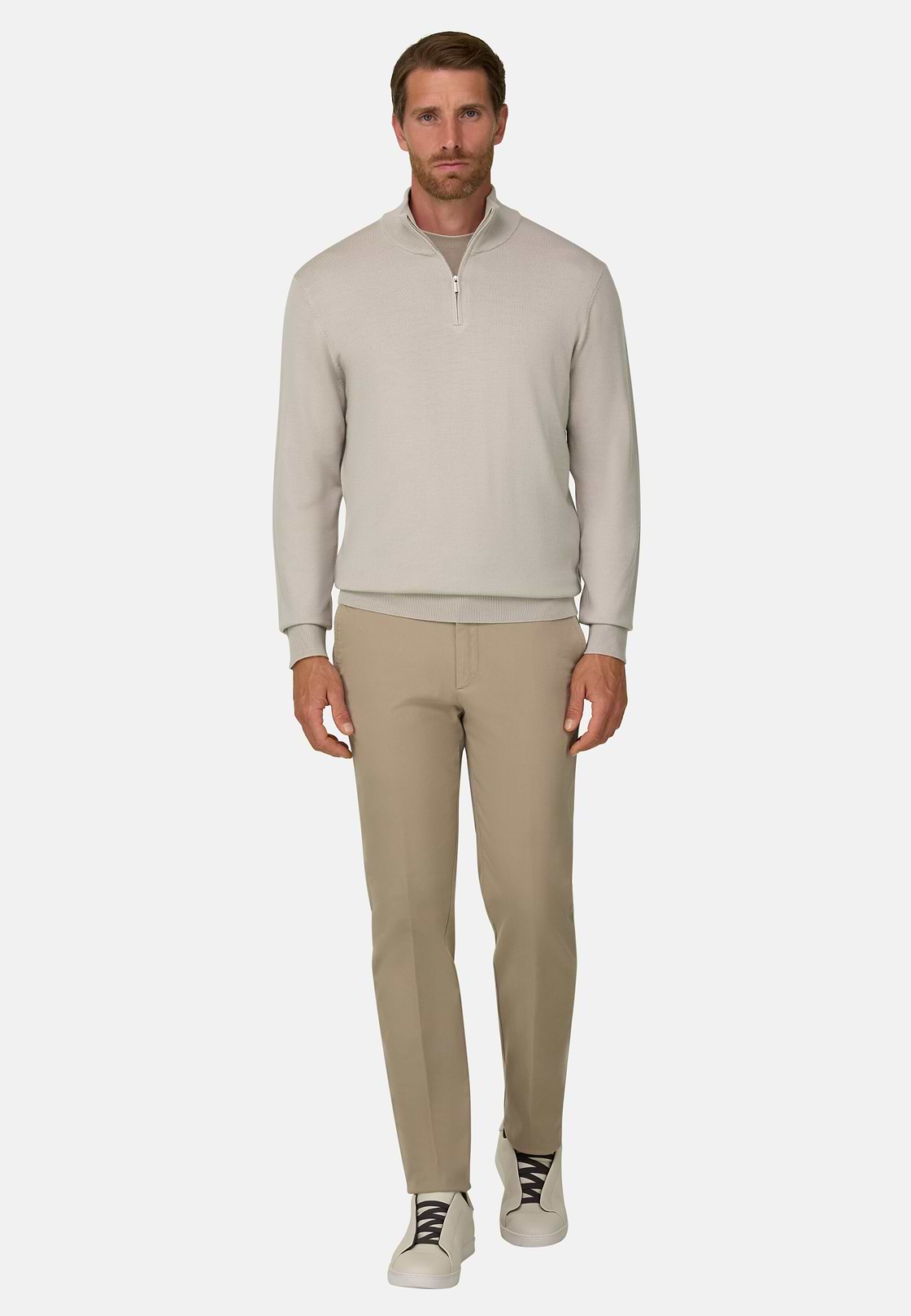 Quarter-Zip Jumper in Merino Wool, Sand, hi-res, 2