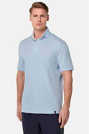 Cotton/Linen Piqué Polo Shirt, Light Blue, hi-res