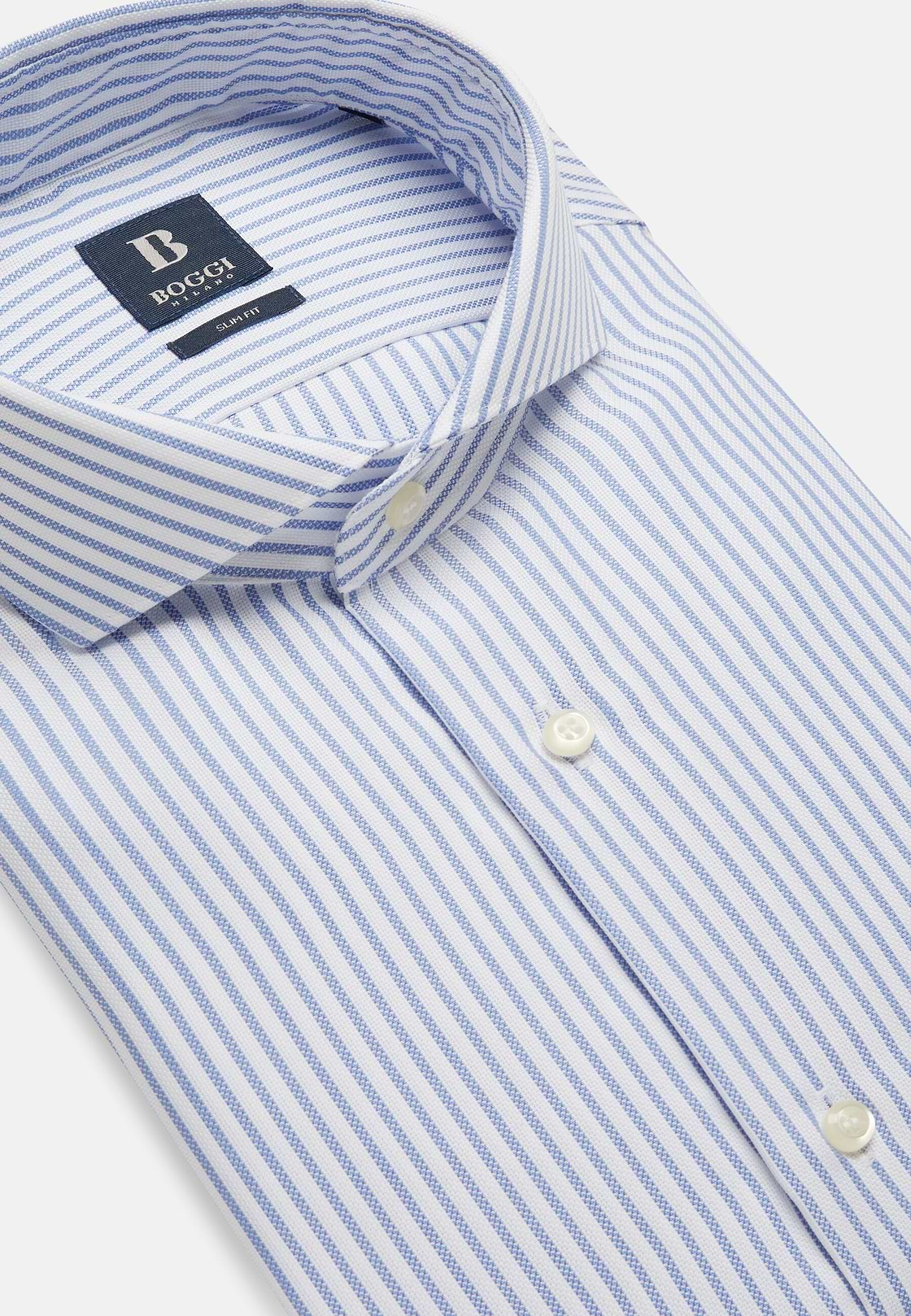 Camisa De Rayas Celestes De Algodón Dobby Slim Fit, Azul claro, hi-res