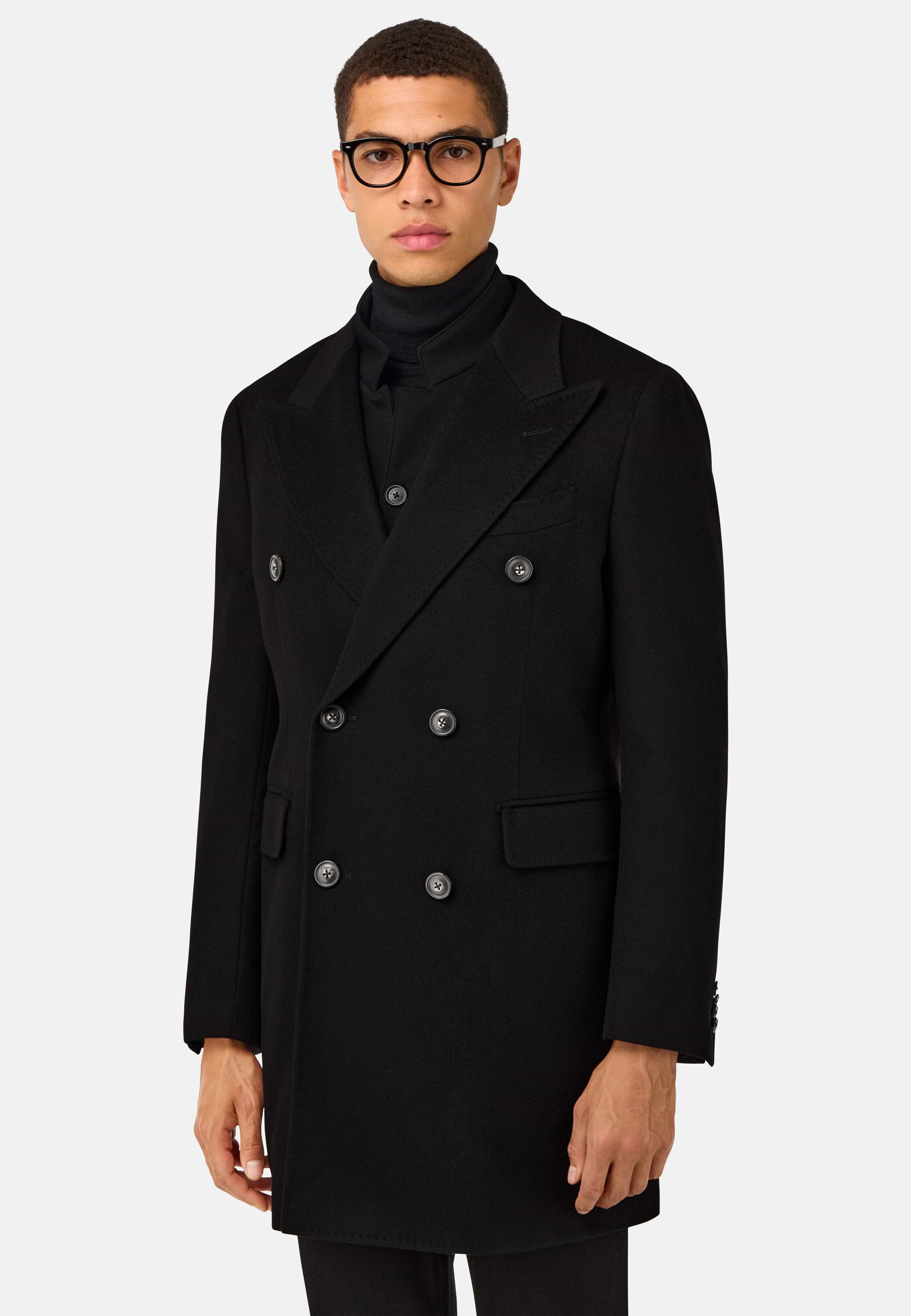 Men's Double-Breasted Coat in Pure Cashmere., Black | Boggi Milano