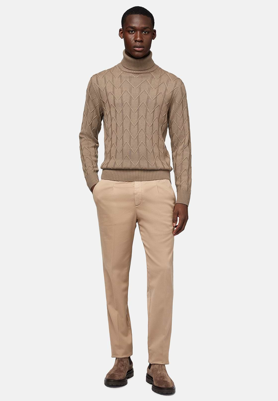 Camisola de gola de polo em lã de merino taupe, Taupe, hi-res