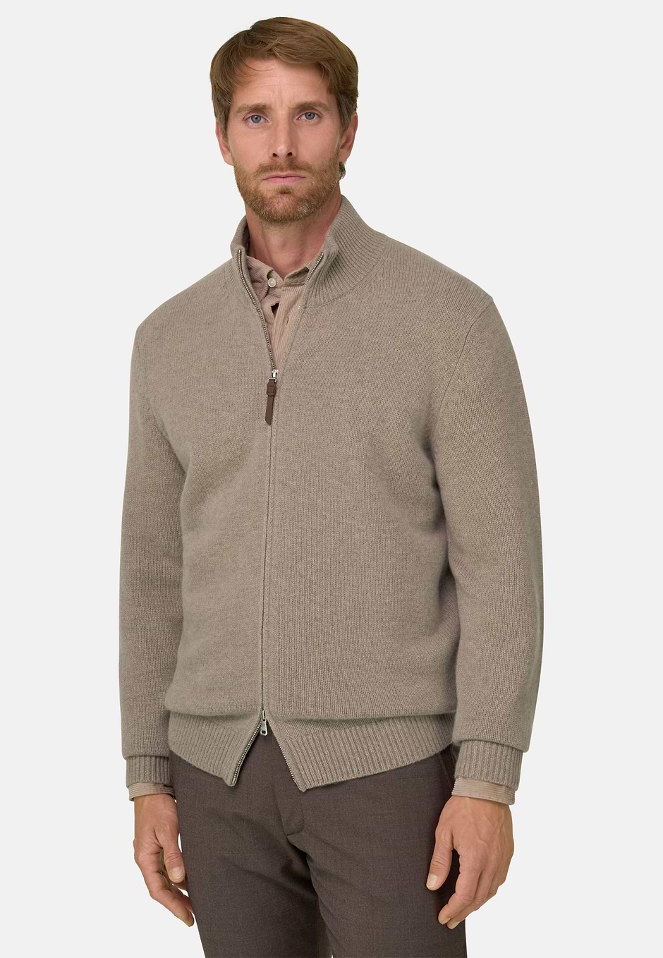 Pull entièrement zippé en laine cachemire, Beige, hi-res