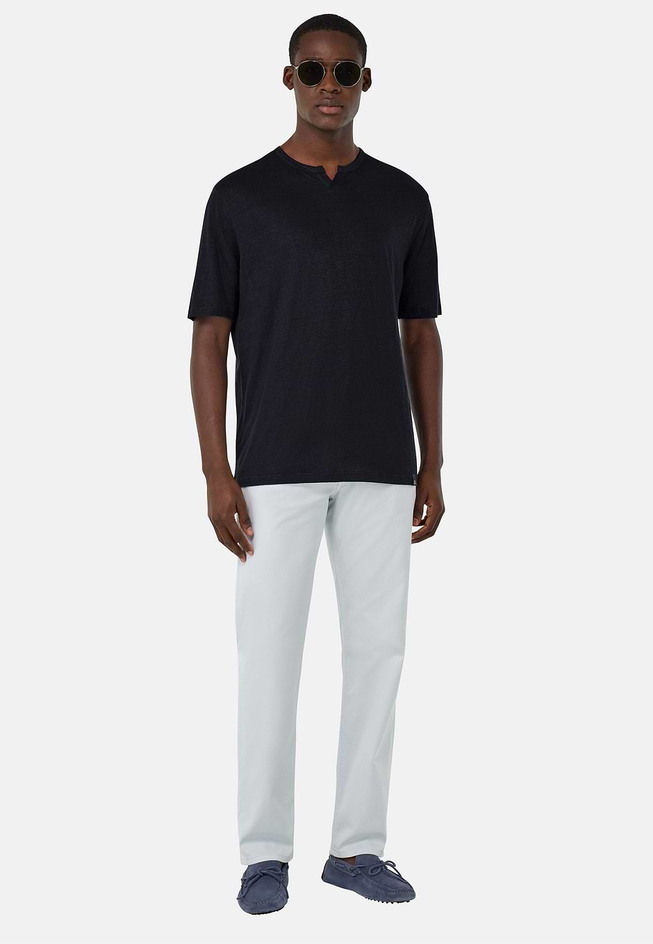 T-Shirt in Stretch Linen Jersey, DARK NAVY, hi-res