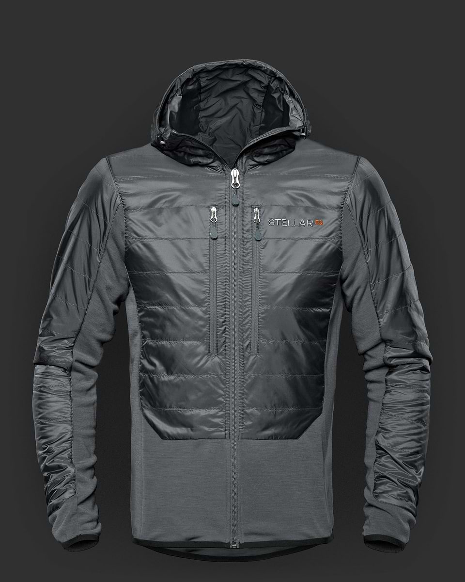 Black aerogel mid layer hood for men. We combined this cutting-edge synthetic insulation with a comfortable and stretchable merino-wool blended fleece for a uniquely warm, comfortable and technical mid-layer hoodie.