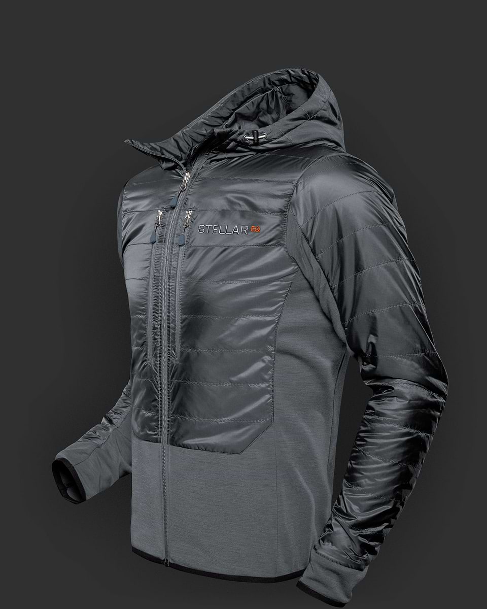 Black aerogel mid layer hood for men. We combined this cutting-edge synthetic insulation with a comfortable and stretchable merino-wool blended fleece for a uniquely warm, comfortable and technical mid-layer hoodie.