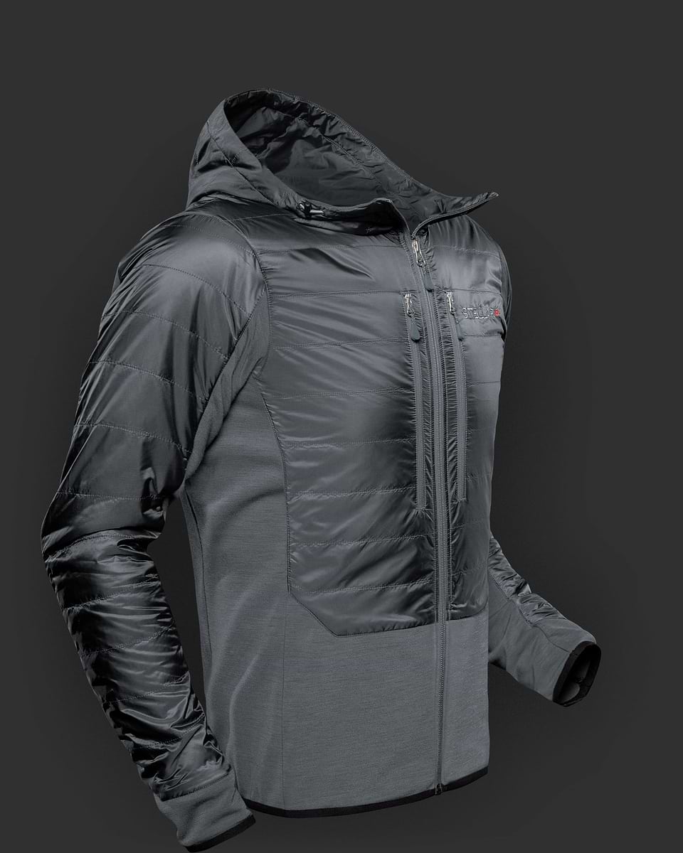 Black aerogel mid layer hood for men. We combined this cutting-edge synthetic insulation with a comfortable and stretchable merino-wool blended fleece for a uniquely warm, comfortable and technical mid-layer hoodie.