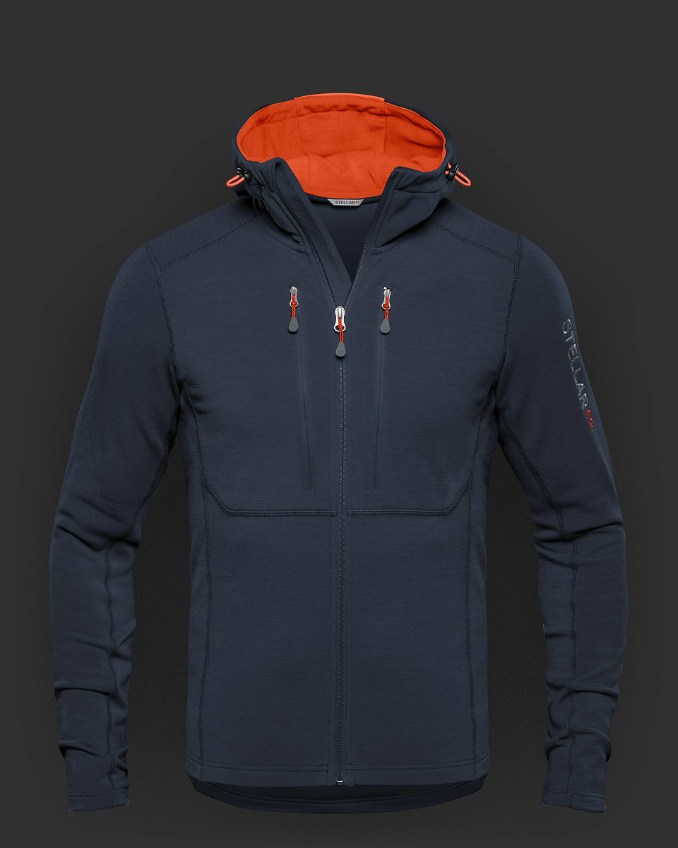 Stellar Equipment. Dark blue merino wool/fleece jacket with hood for men. Warm, wind-resistant, fast-wicking, stretchable and seriously comfortable, this is a jacket you can — and will — use for any activity, at any time, in any season.