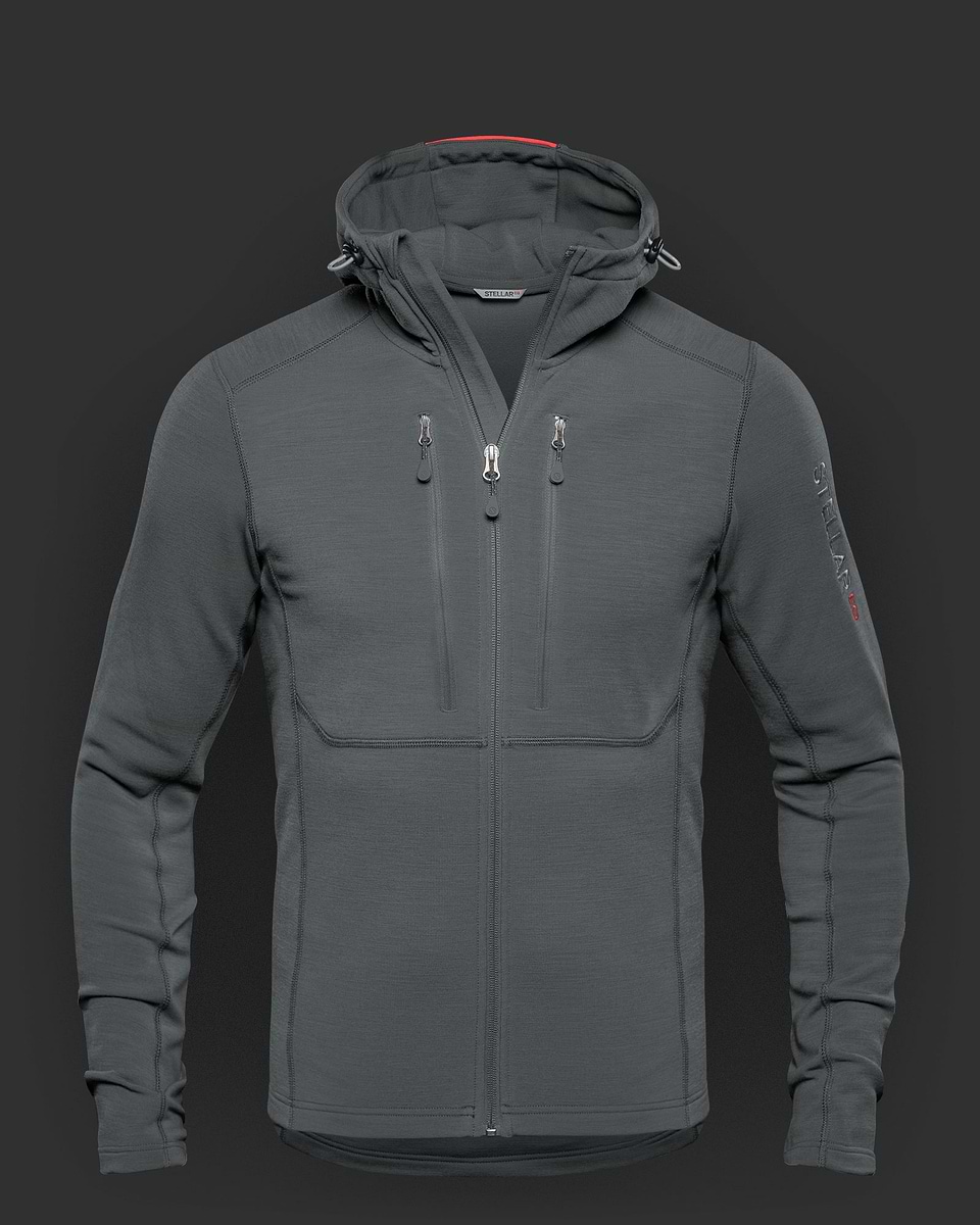 Stellar Equipment. Grey merino wool/fleece jacket with hood for men. Warm, wind-resistant, fast-wicking, stretchable and seriously comfortable, this is a jacket you can — and will — use for any activity, at any time, in any season.