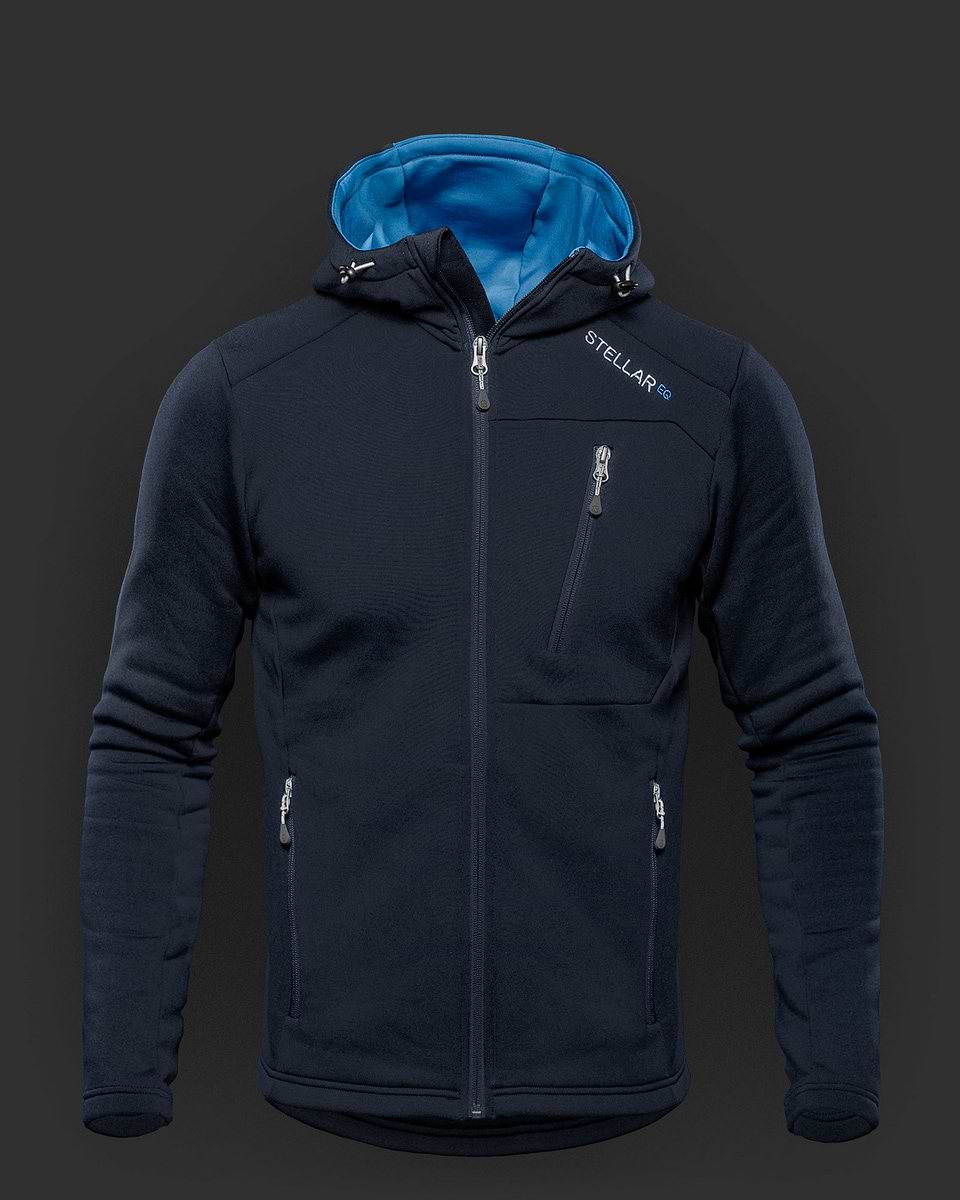 Stellar Equipment blue fleece jacket with tree pockets for men. Warm, wind-resistant, fast-wicking, stretchable and seriously comfortable, this is a jacket you can — and will — use for any activity, at any time, in any season.