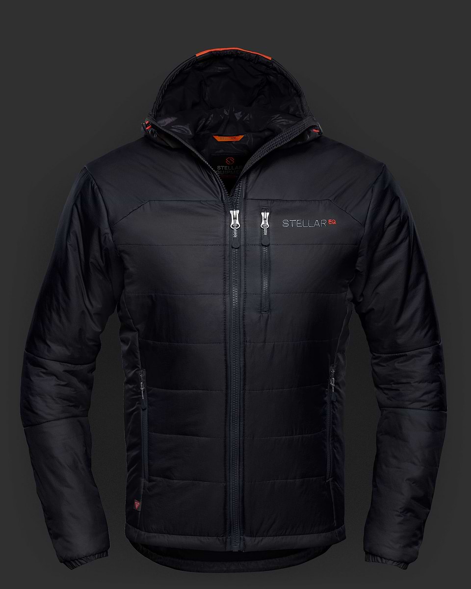 Dark blue Stellar Equipment Primaloft jacket with hood. Revised and upgraded for 2019, this synthetic insulation jacket is very warm, very lightweight and very packable. Filled with PrimaLoft’s highest performing Gold Active ECO filament fibres, it is also very breathable.