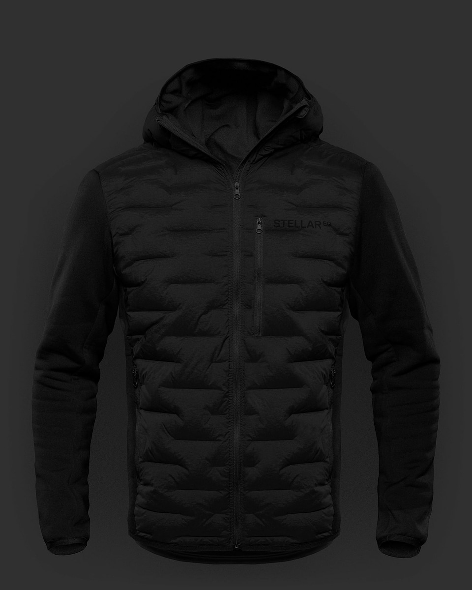 Black street down jacket with hood for men.