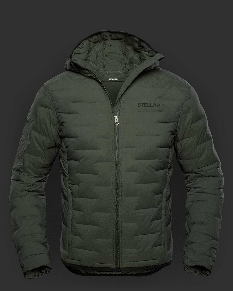 Dark green Stellar Equipment stretch down jacket with hood.
