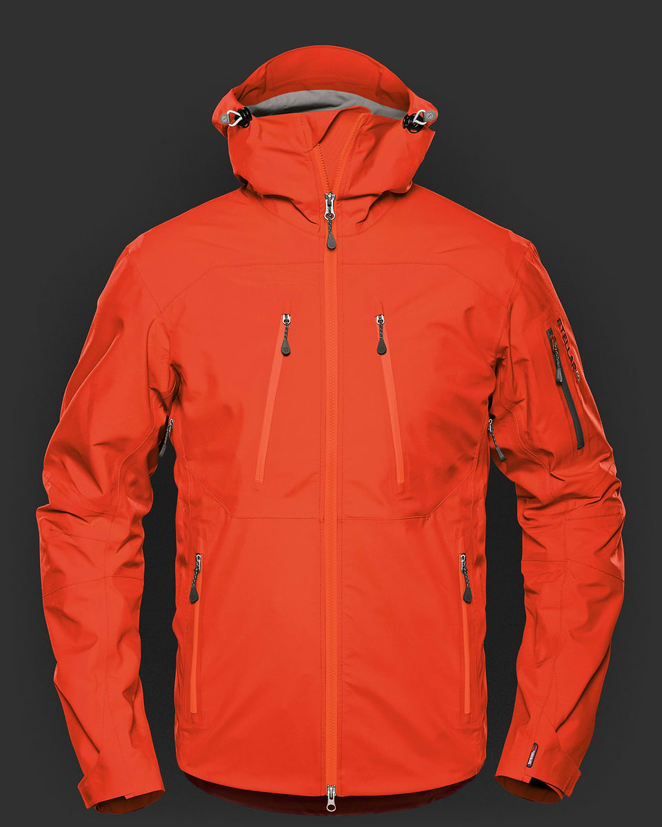 Stellar Equipment red shell jacket for men. Waterproof, windproof and extremely breathable. Lightweight, stretchable and so comfortable, you can hardly feel wearing it. Our best-selling shell jacket is designed for alpine activities like freeriding, ski-touring and sidecountry.
