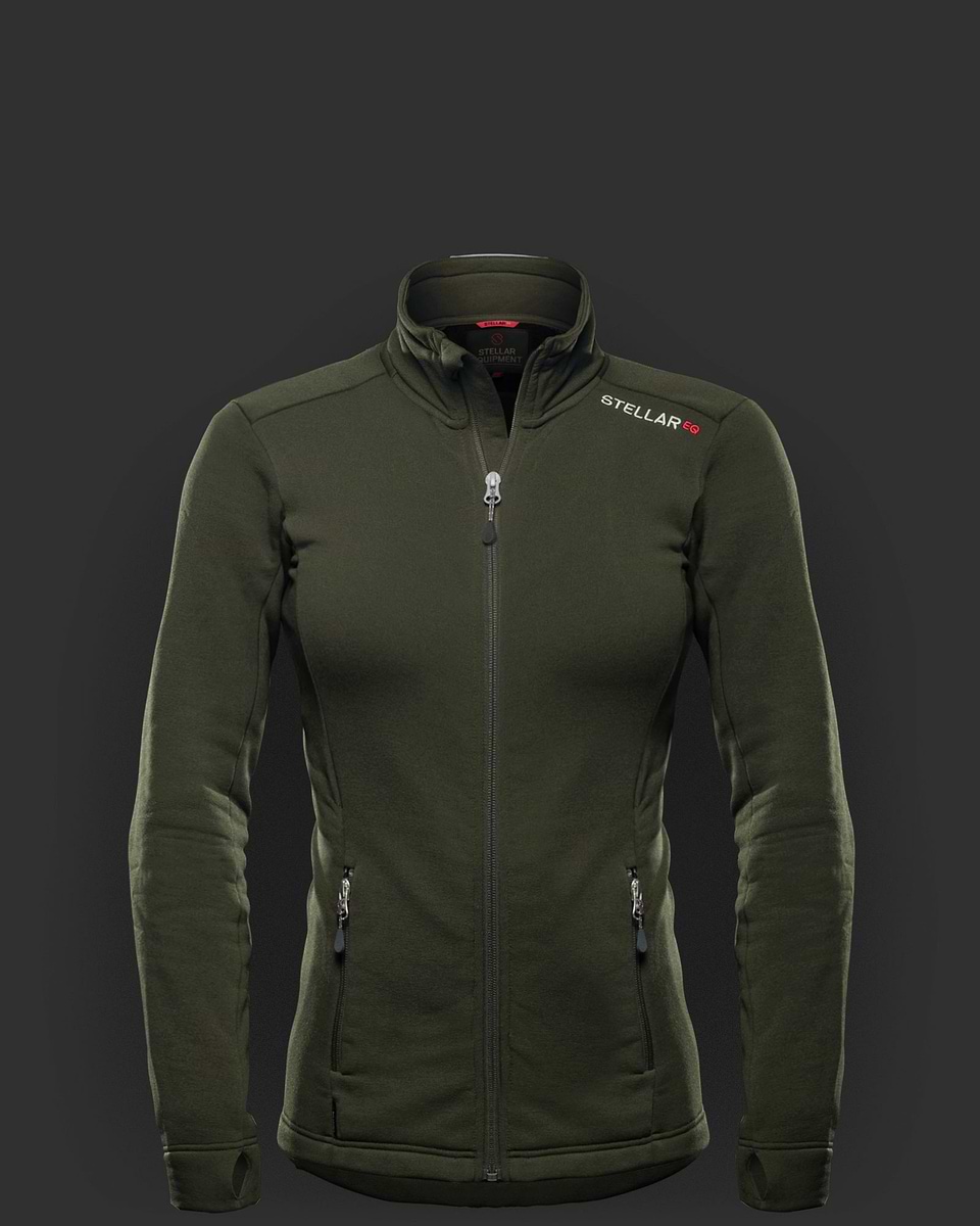 Olive green fleece jacket, Stellar Equipment, for women. Warm, wind-resistant, fast-wicking, stretchable and seriously comfortable, this is a jacket you can — and will — use for any activity, at any time, in any season.