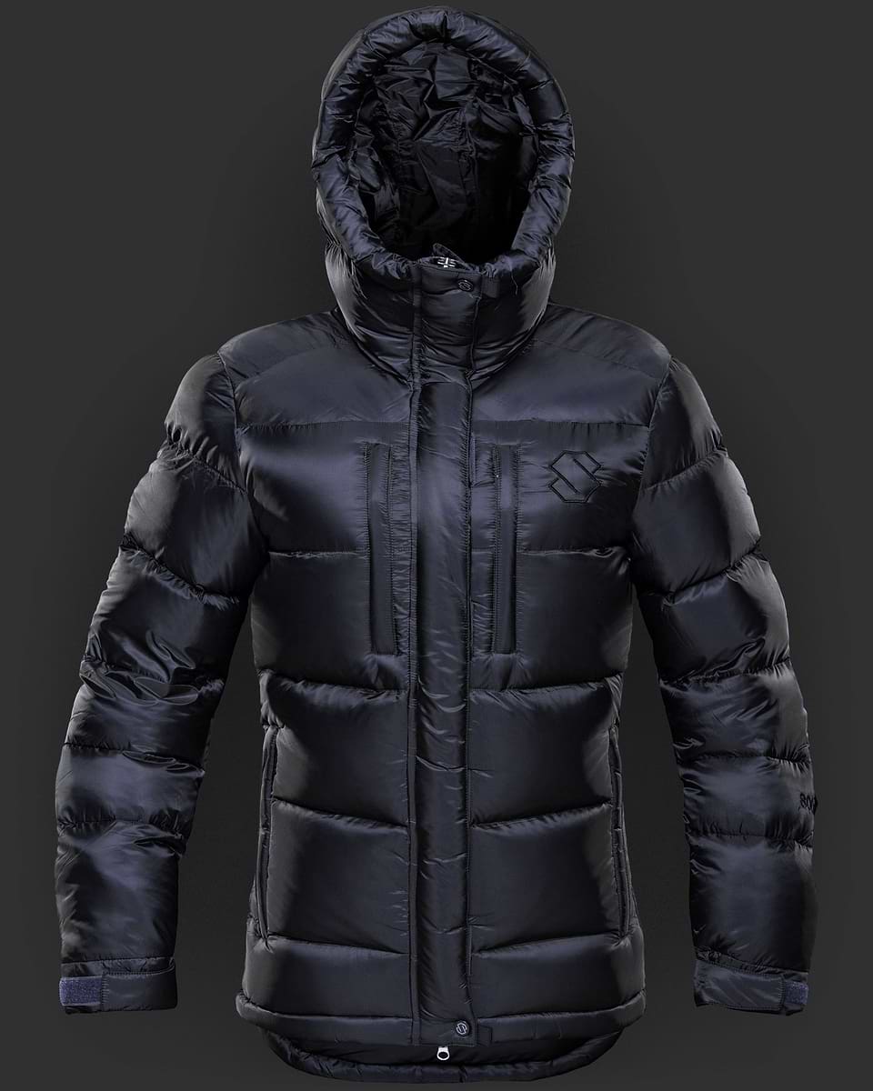 Red Hot Down Parka in blue/black from Stellar Equipment. 800 fill power down.