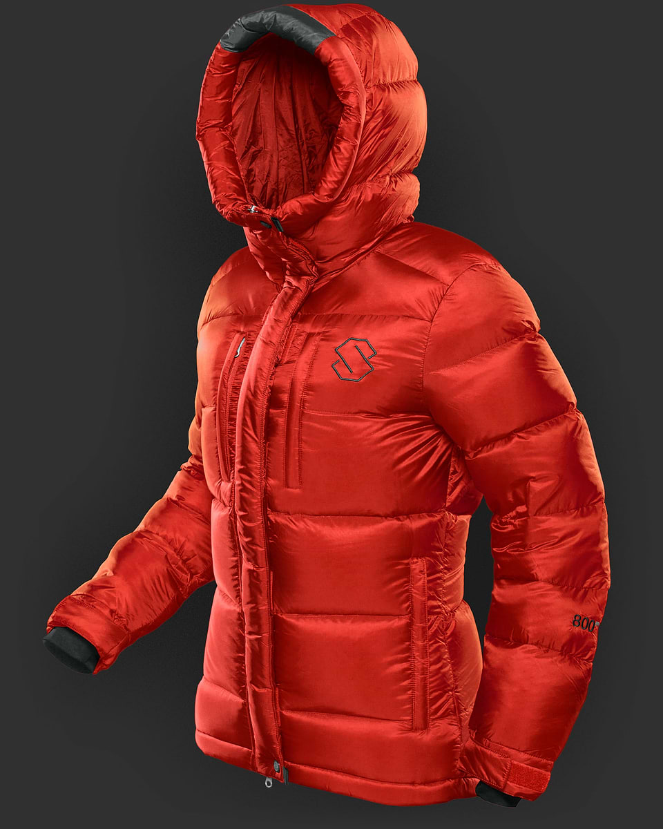 Red hot down parka in red from Stellar Equipment. 800 fill power.