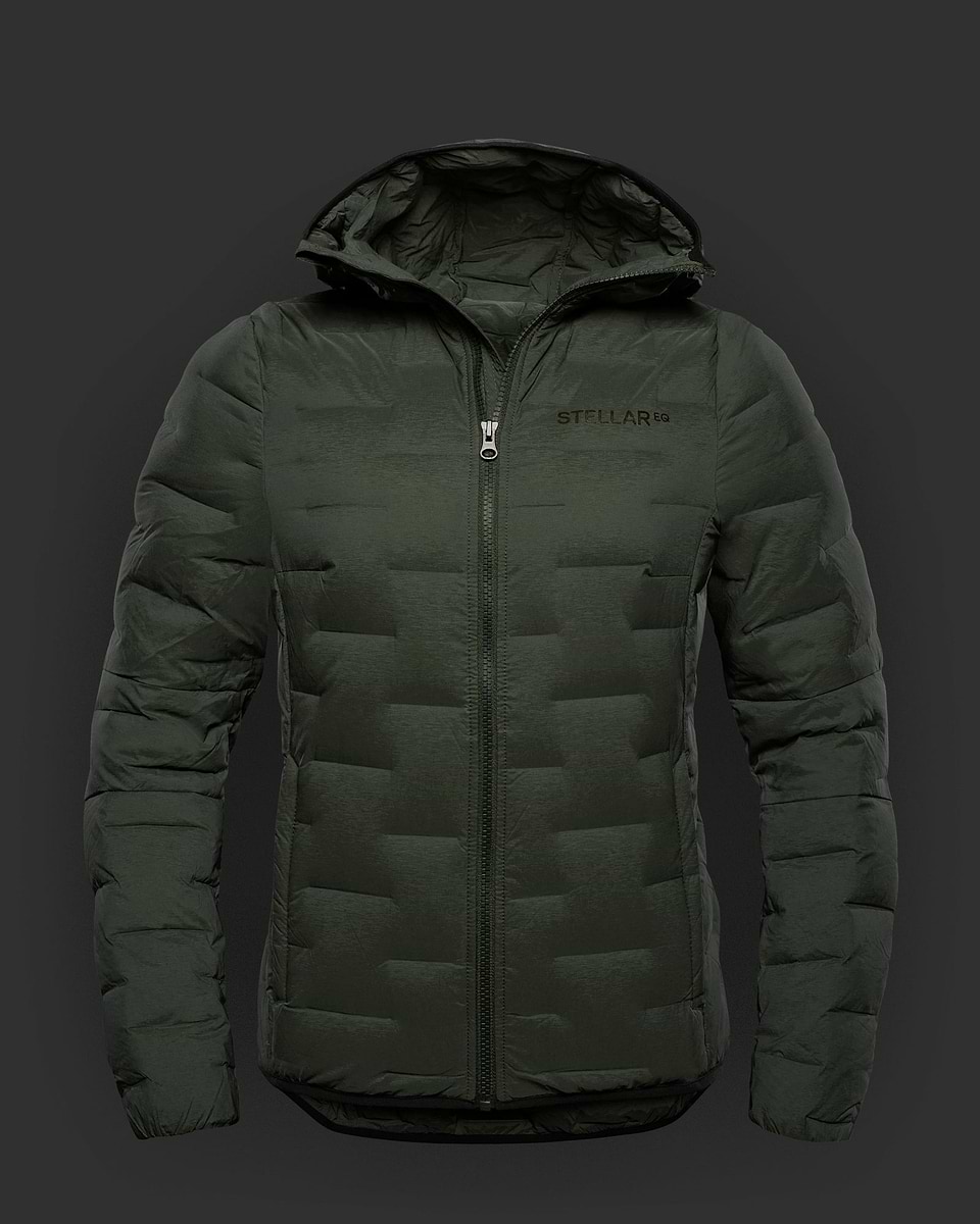 Stretch down jacket in dark green for women. Stellar Equipment.