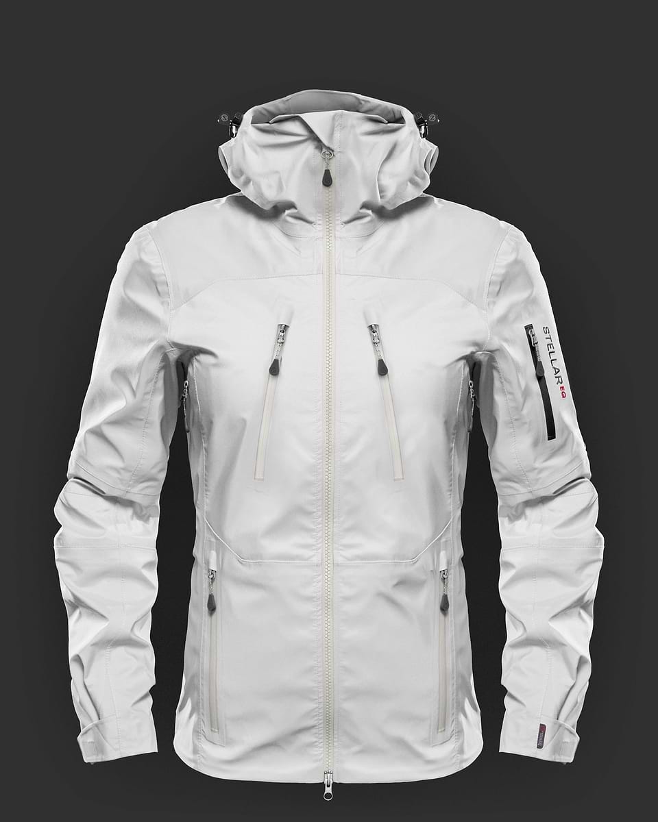 White Shell jacket from Stellar Equipment. Waterproof, windproof and extremely breathable. Lightweight, stretchable and so comfortable, you can hardly feel wearing it.