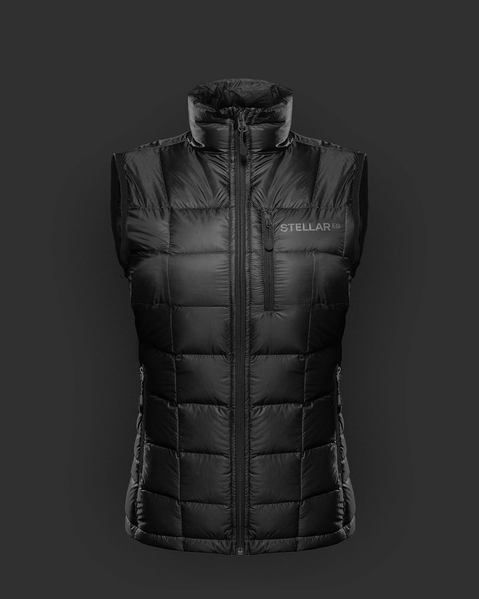 Black Stellar Equipment ultralight down vest. Might be the worlds lightest and warmest full-featured down vest.
