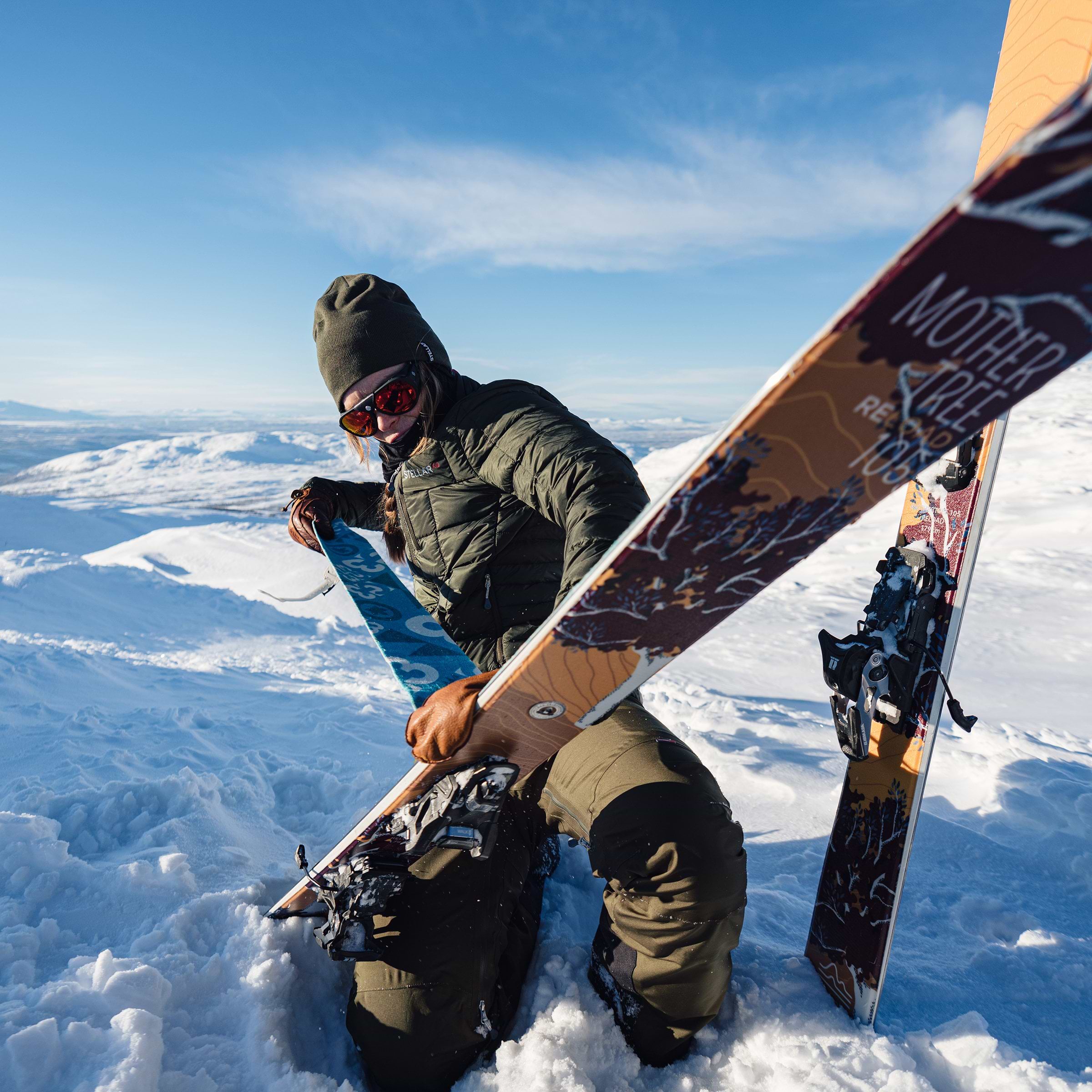 Skiing in a down jacket sale