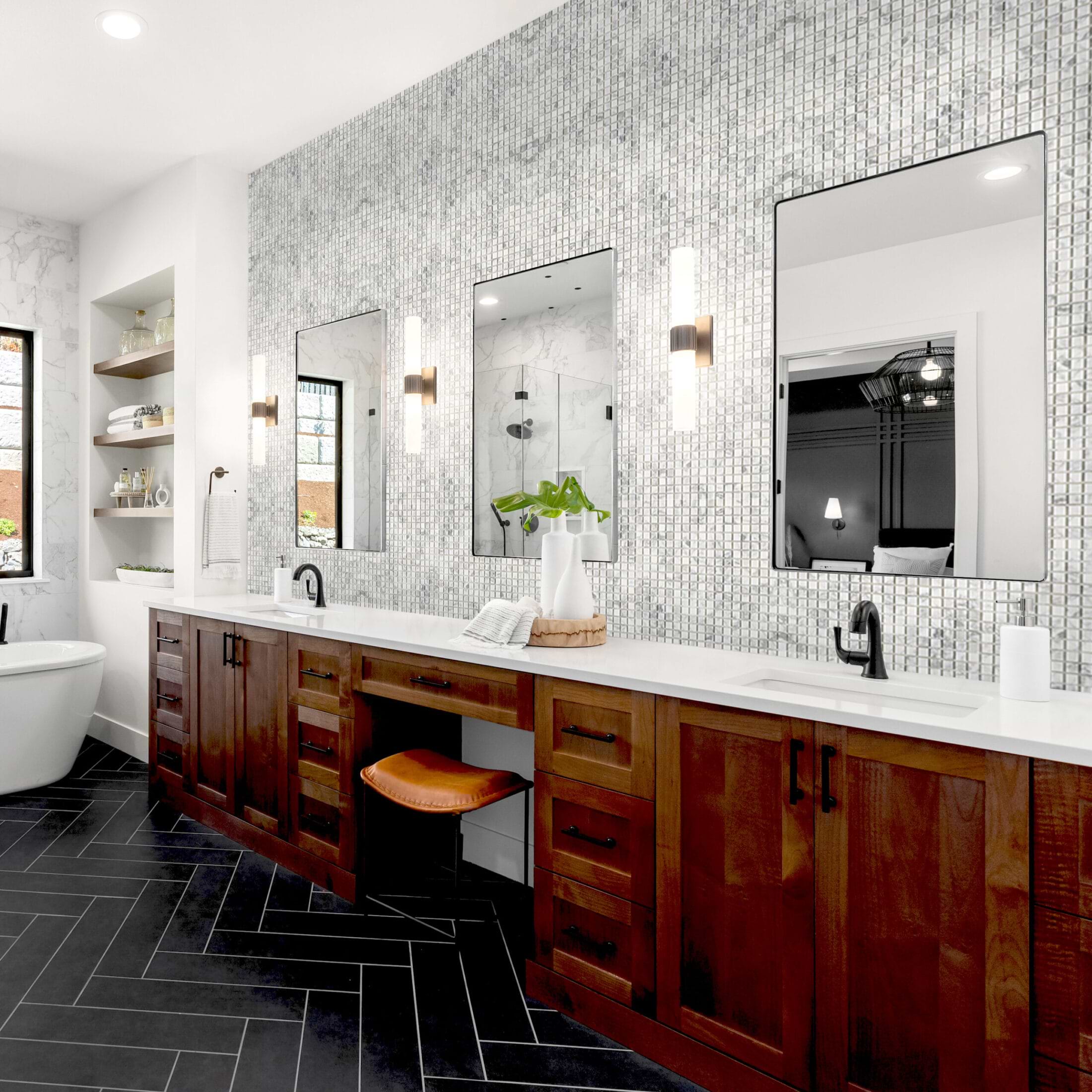 Image of bathroom with backsplash featuring square mosaics