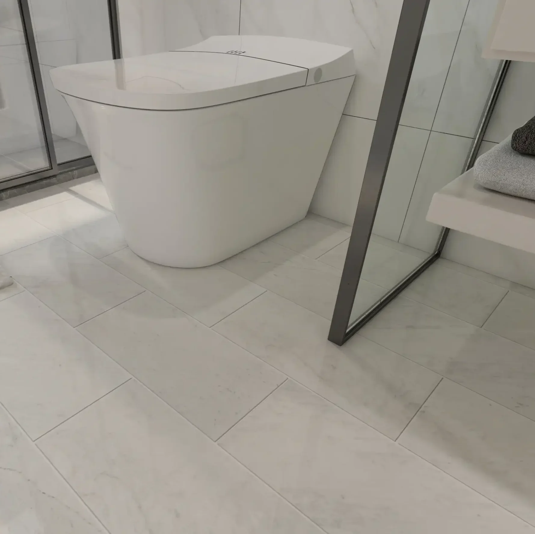 Image of bathroom floor featuring 12x24 Carrara Marble Tiles