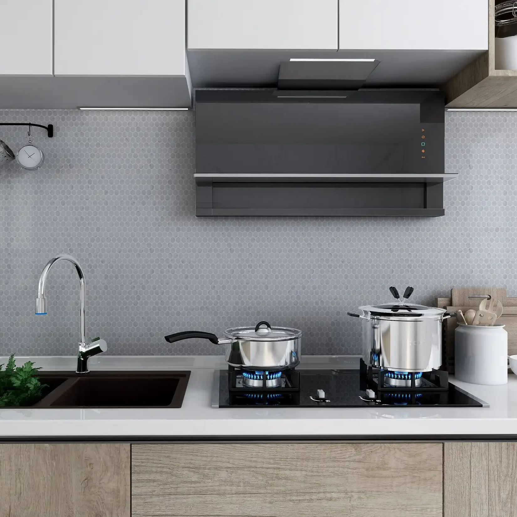 Image of Kitchen Backsplash featuring 3/4 Honed Marble Pennyround Mosaic Tile