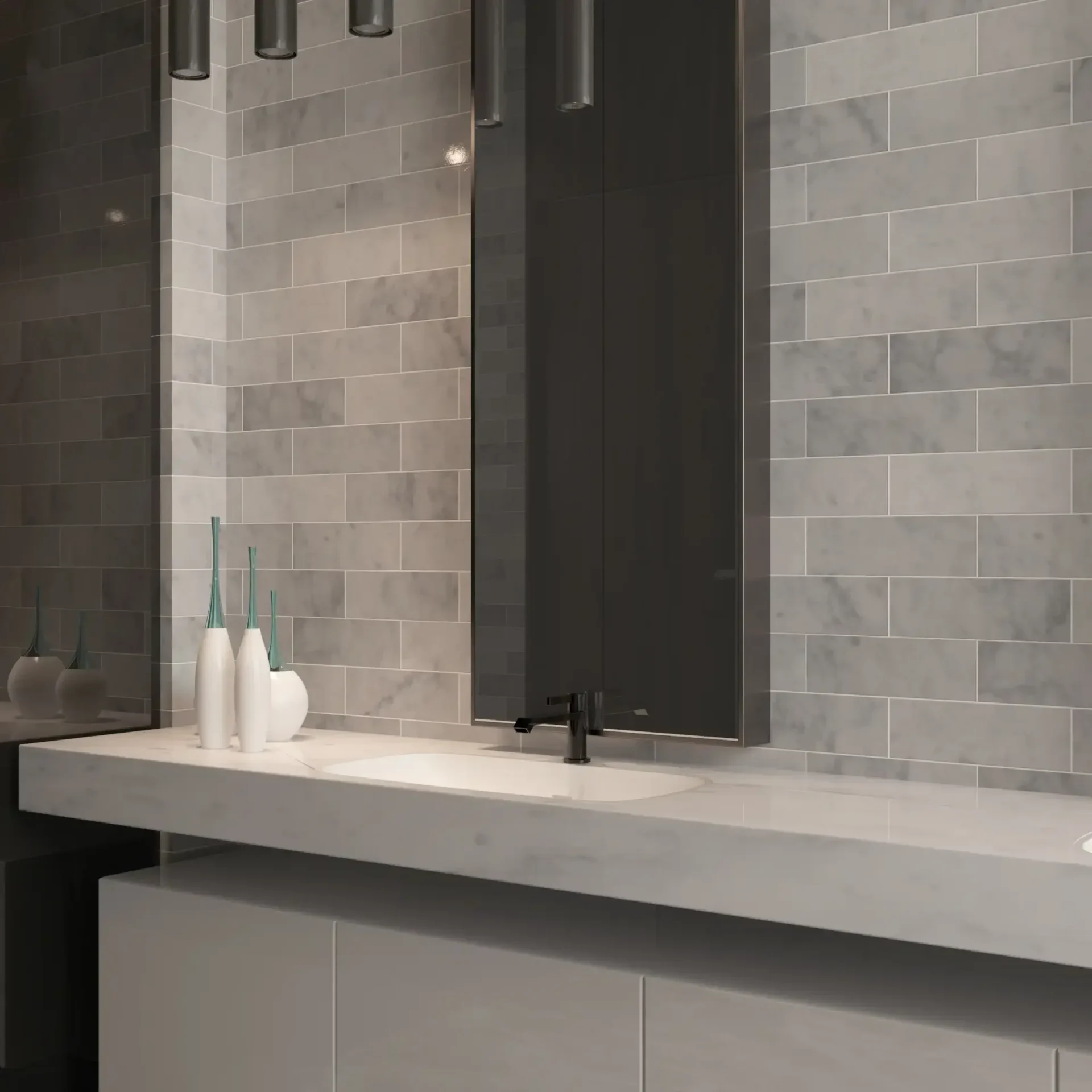 Bathroom backsplash with installed 4x12 Bianco Carrara Marble Tiles