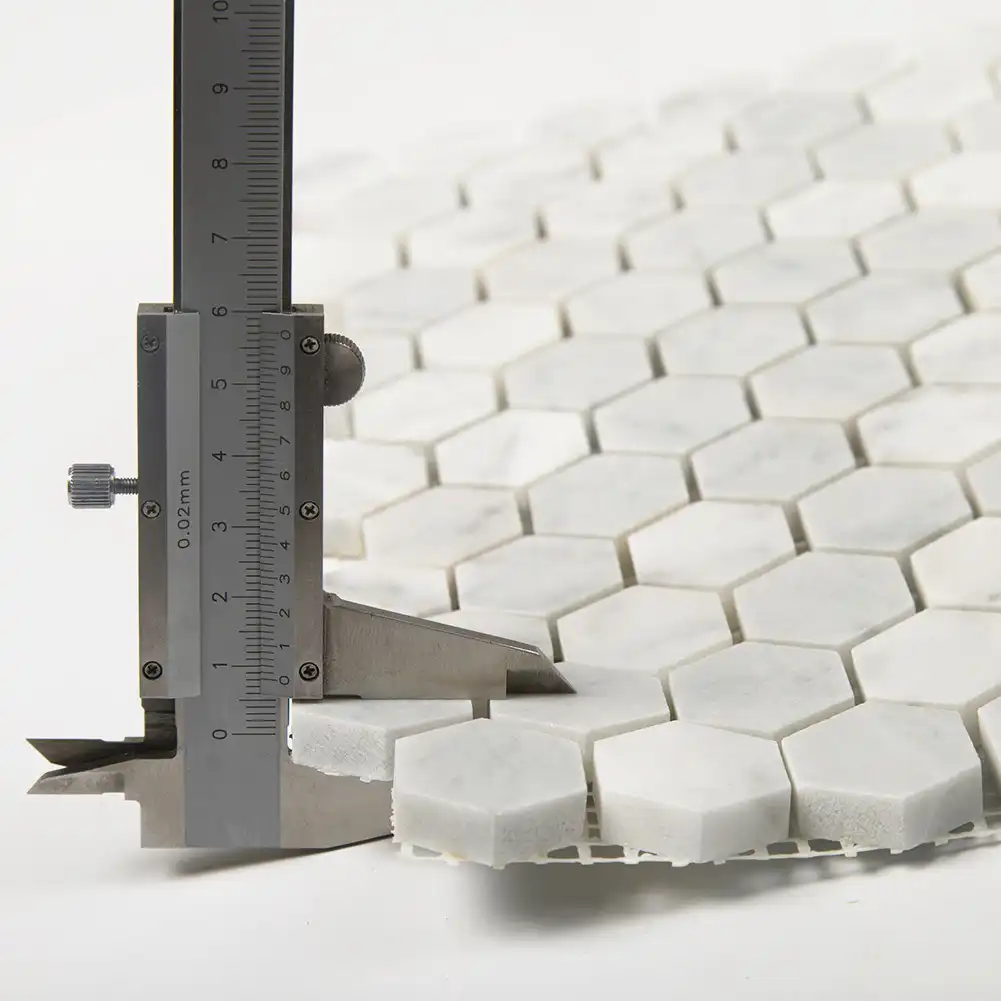 Measure of thickness in 1x1 Marble Honed Hexagon Mosaic Tile