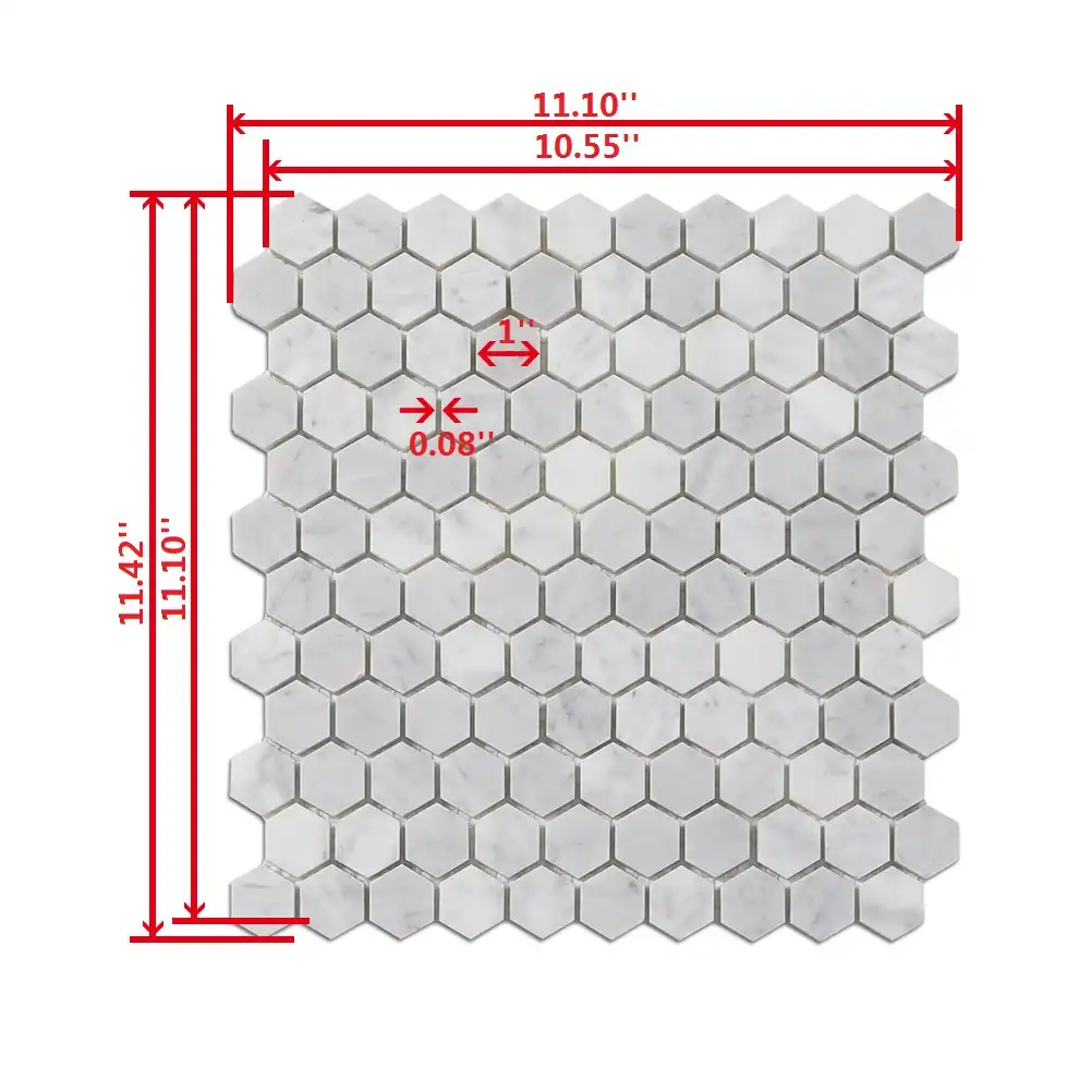 Length and width measurement of 1x1 Marble Honed Hexagon Mosaic Tile