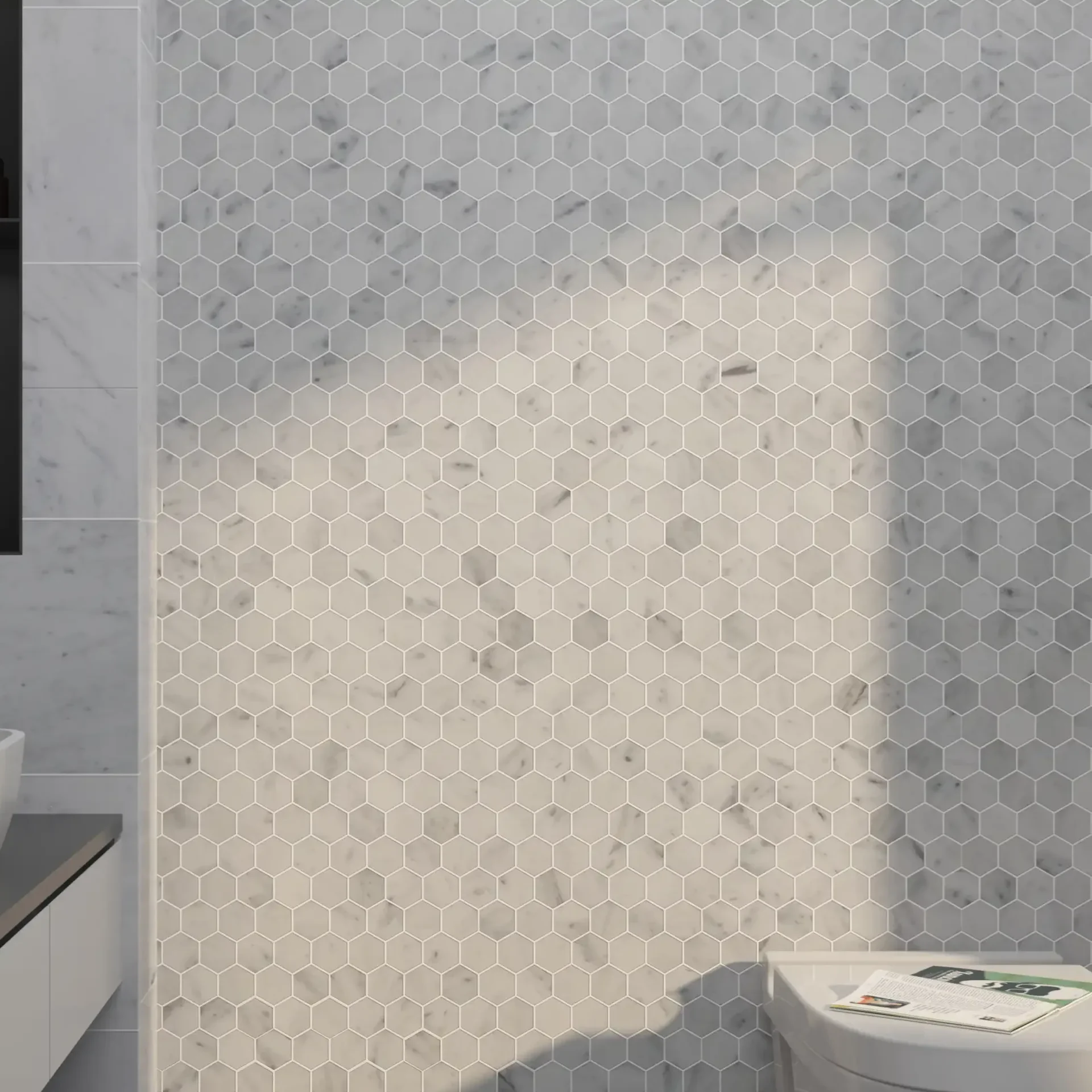 Bathroom wall with installed 2x2 Marble Honed Hexagon Mosaic Tile