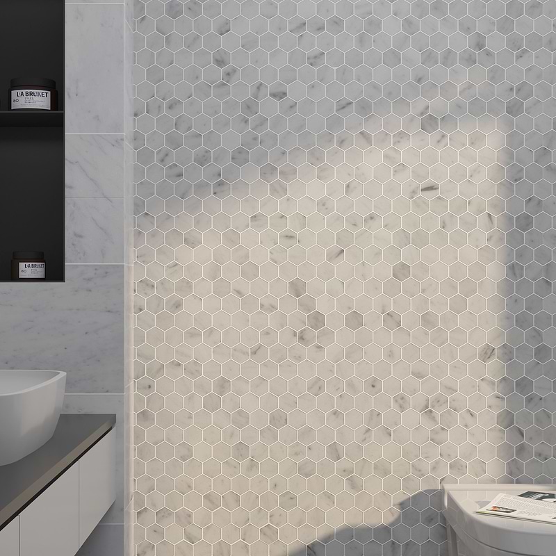 2x2 Hexagon Marble Tile Bathroom Wall