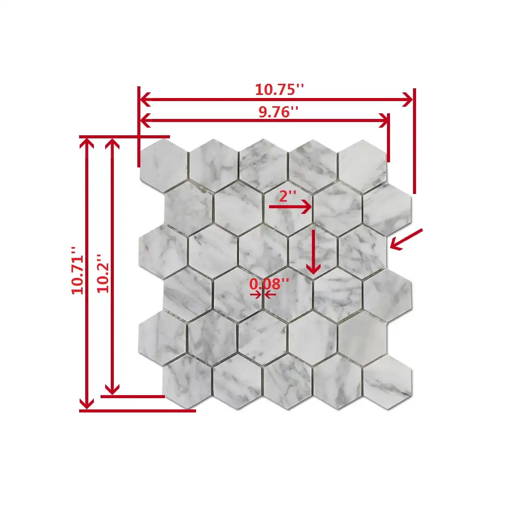Length and width measurement of 2x2 Marble Honed Hexagon Mosaic Tile