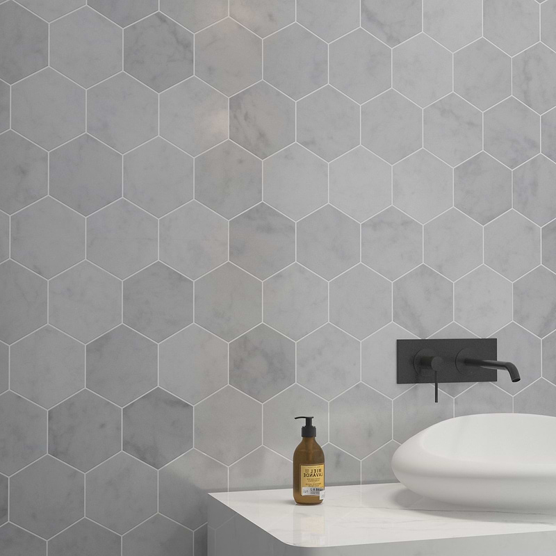 5x5 Hexagon Marble Tile Bathroom Wall