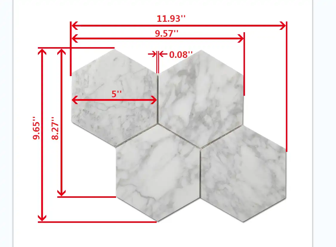Length and width measurement of 5x5 Marble Honed Hexagon Mosaic Tile