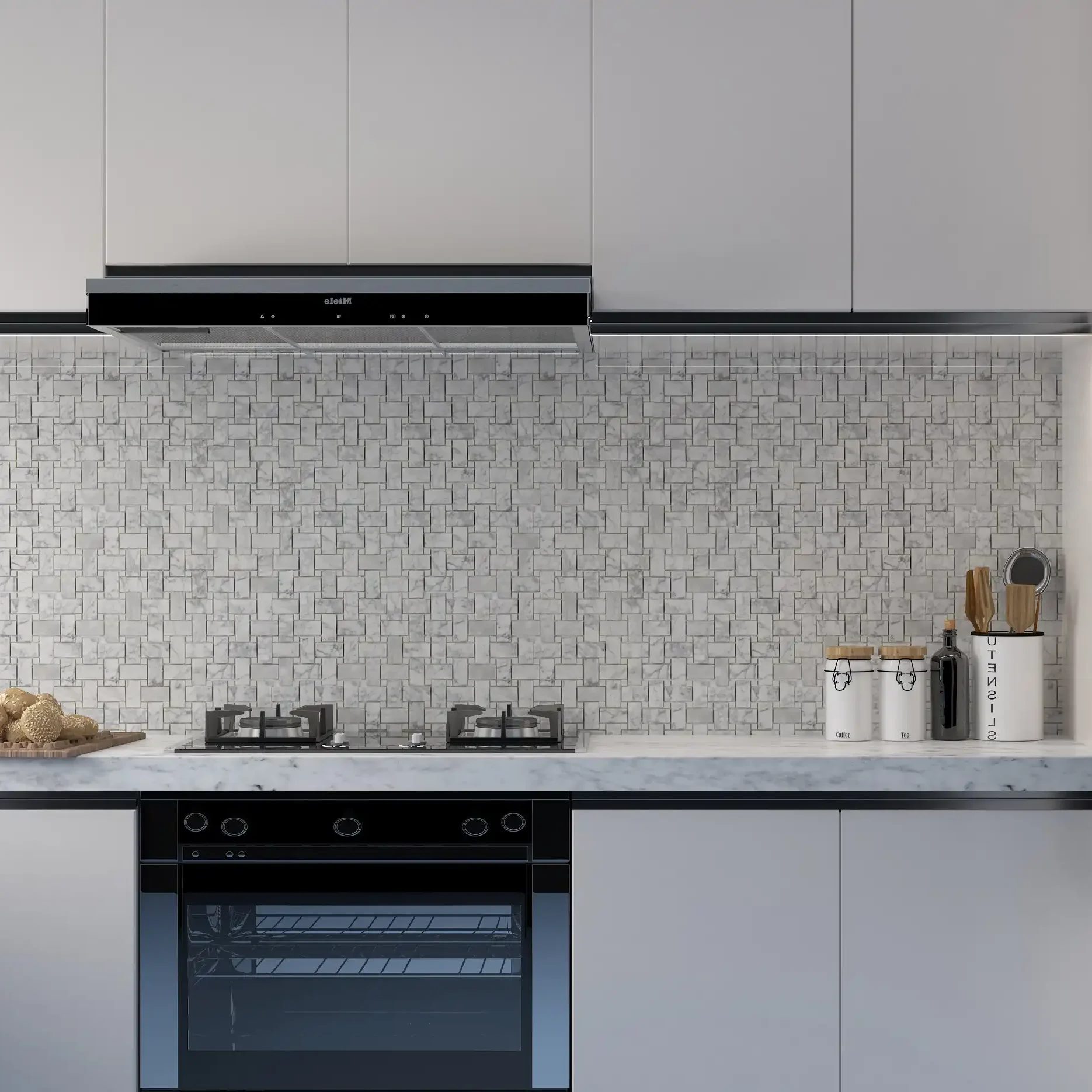 Image of kitchen backsplash featuring Honed Marble Basketweave Mosaic Tile with White Thassos Dots
