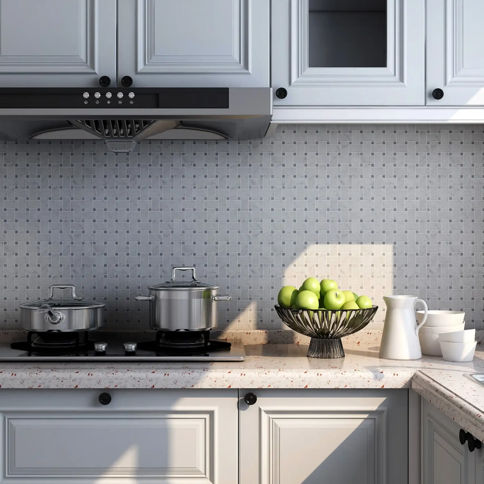 Image of kitchen with backsplash featuring basketweave mosaic tile with bardiglio grey dots