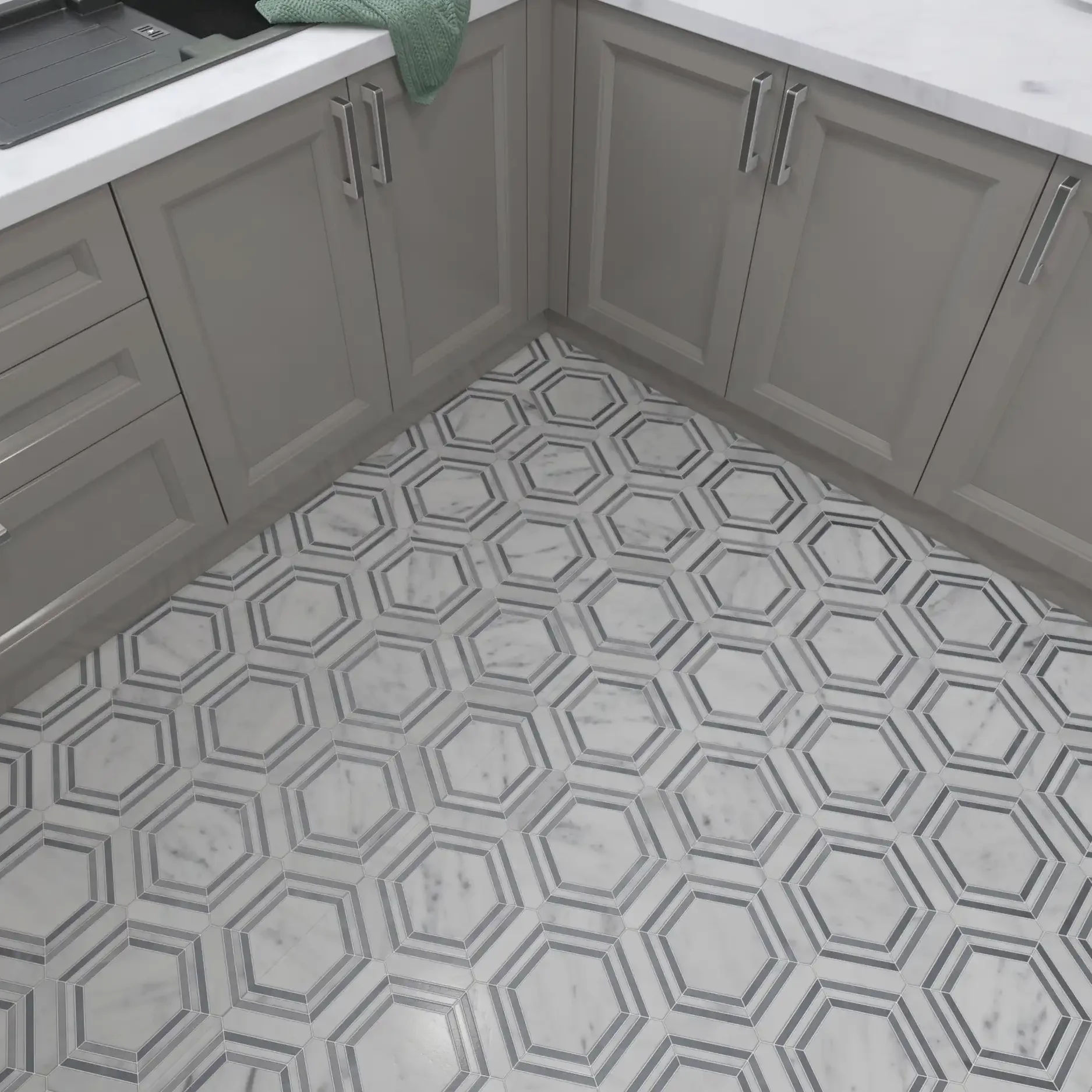 Overhead view of floor with installed 5x5 Marble Honed Bardiglio Grey Hexagon Mosaic Tile