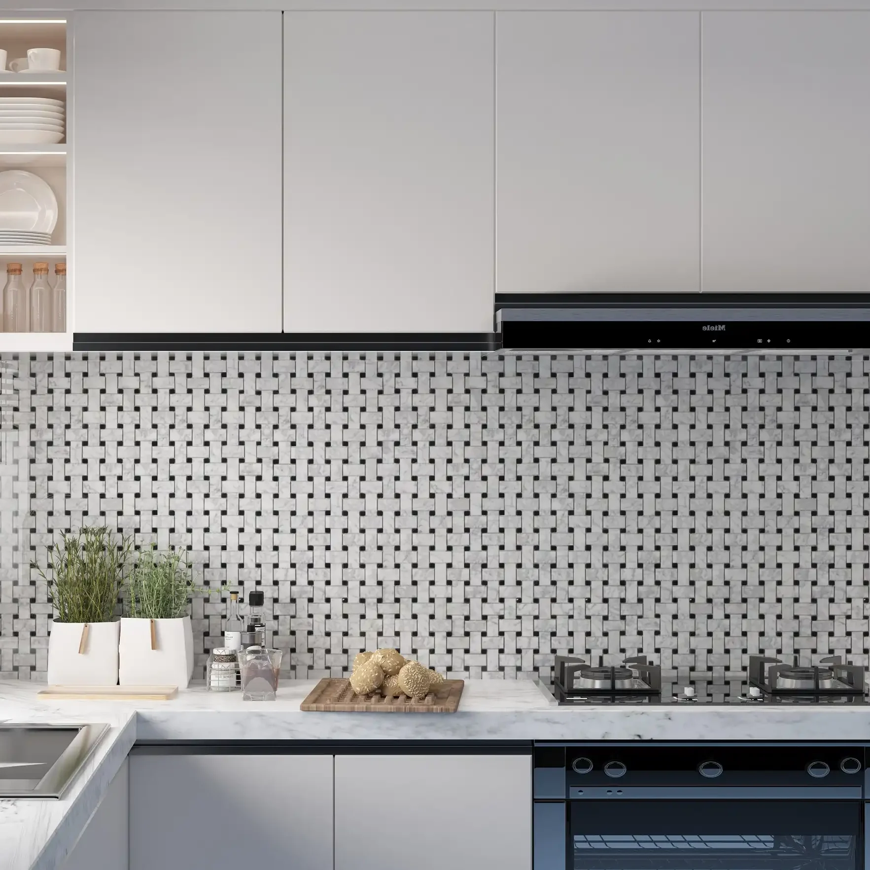 Image of kitchen backsplash featuring Honed Marble Basketweave Mosaic Tile with Negro Marquino Dots
