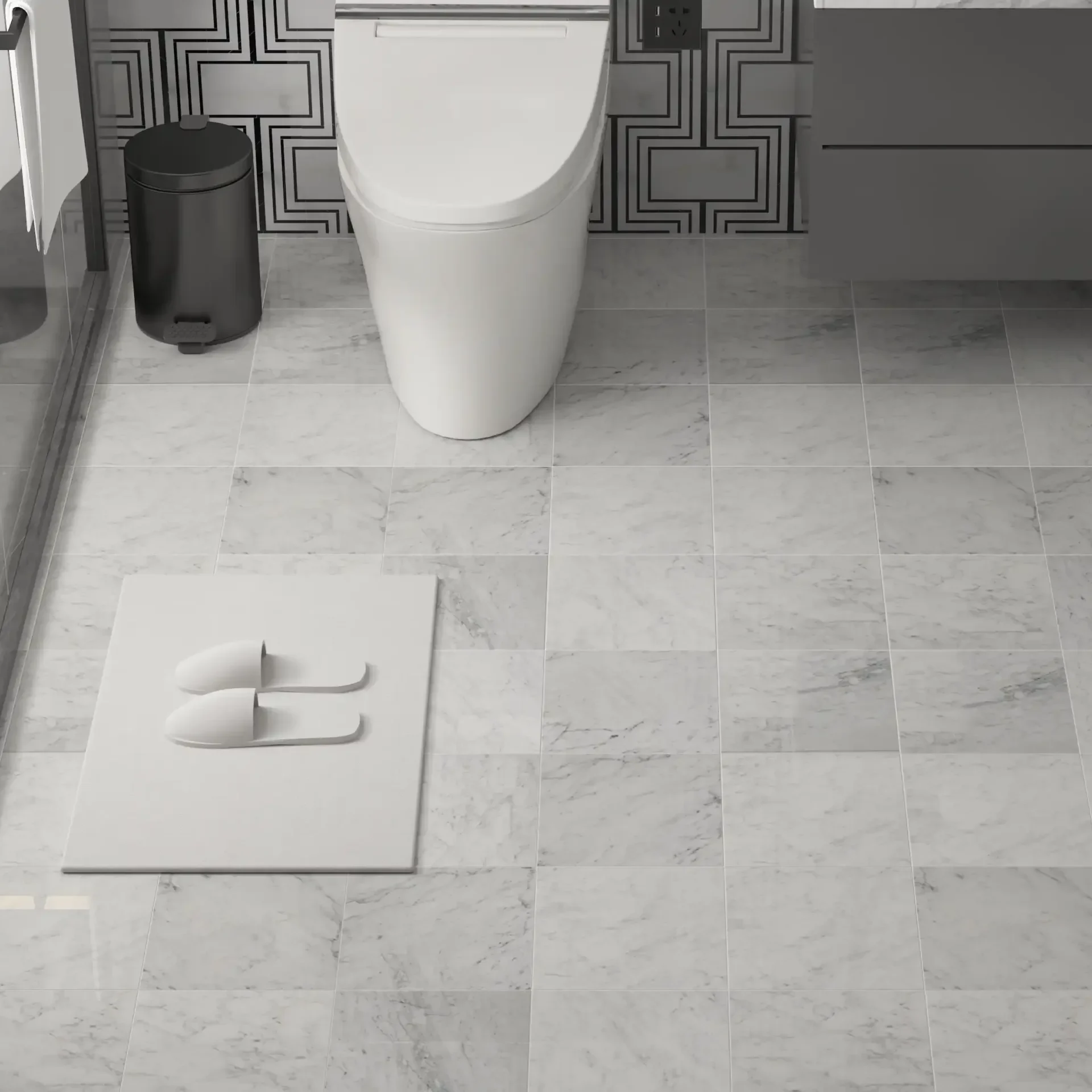 Image of bathroom floor featuring installed tiles