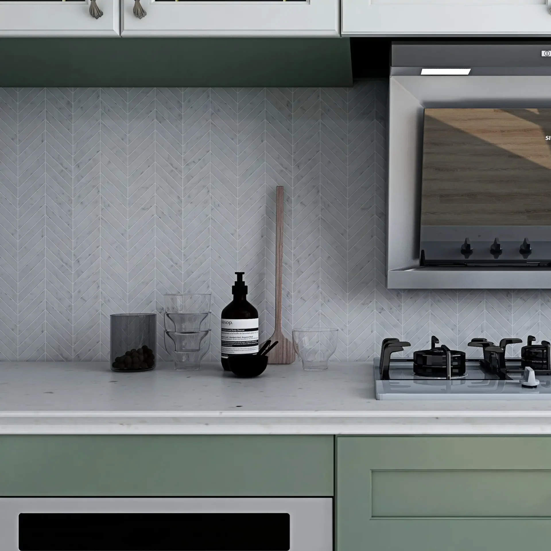 Image of kitchen backsplash featuring 1x4 polished marble chevron mosaic tile