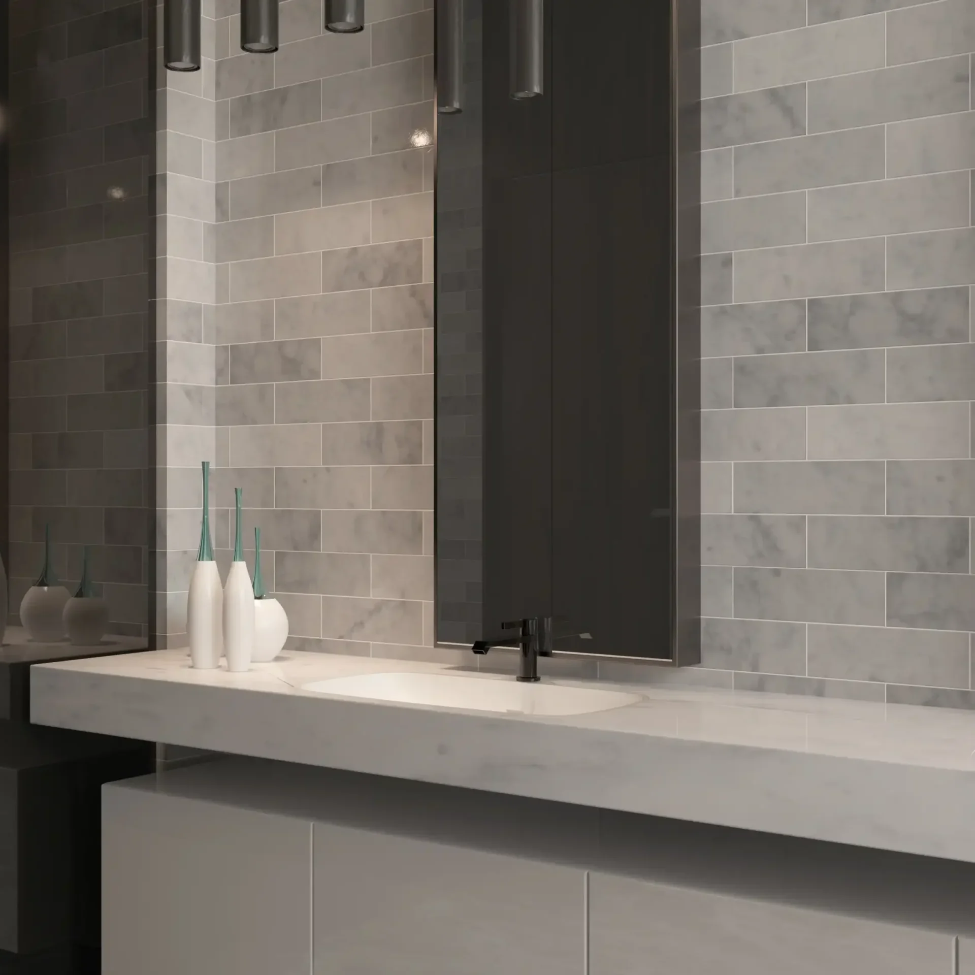 Image of bathroom backsplash with 4x12 Polished Subway Tile