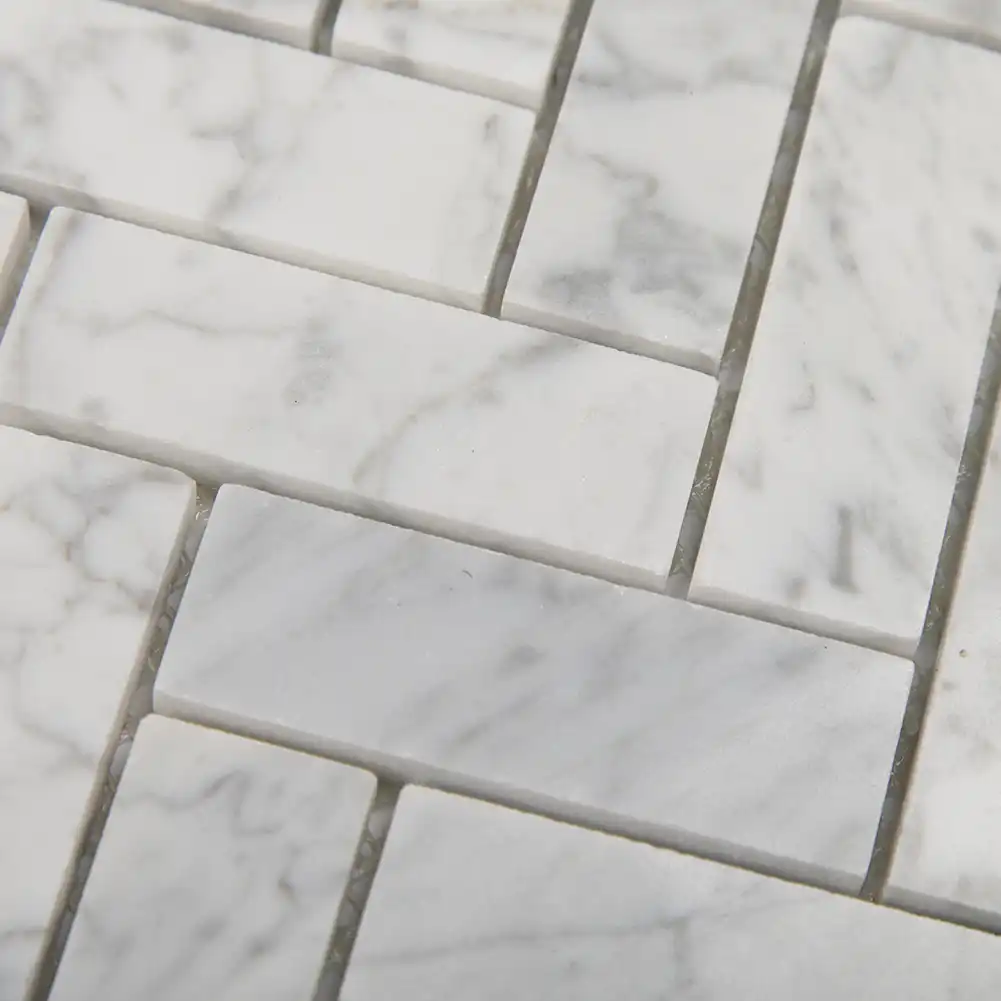Bianco Carrara Italian Marble Polished Herringbone 1x3 Marble Mosaic Tile 05