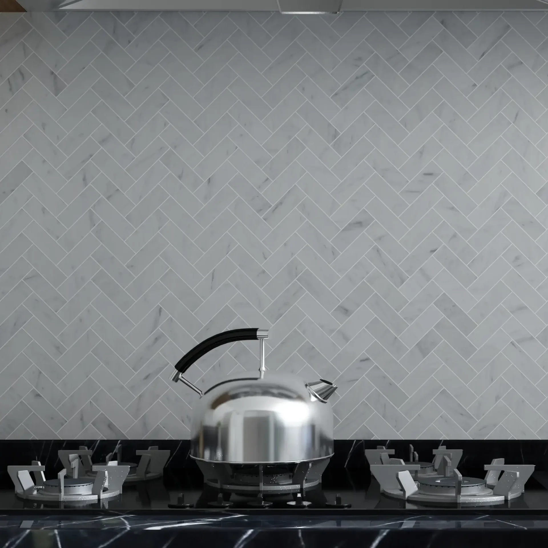 Image of kitchen backsplash featuring 1x3 polished marble herringbone mosaic tile
